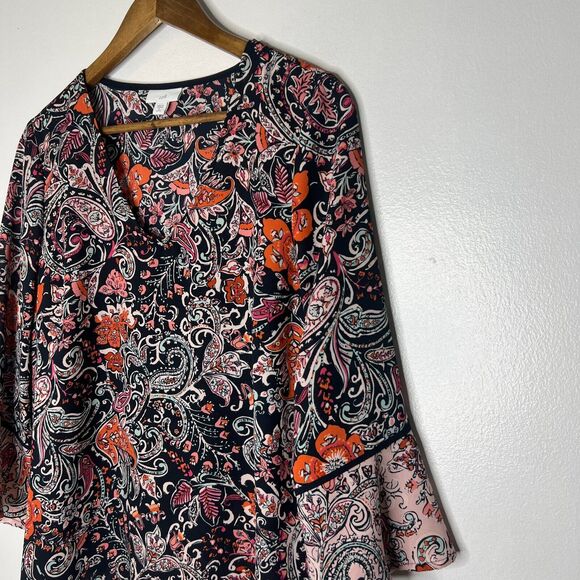 J Jill Boho Blouse Floral Paisley Bell Sleeve Navy Orange Pink M Petite - Picture 2 of 9
